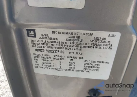 2002 GMC Envoy Slt z USA, uszkodzony, nr VIN 1GKDS13SX22376182